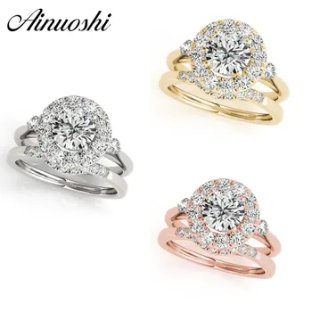

AINUOSHI 925 Sterling Silver Women Wedding Engagement Ring Sets Halo 1 Carat Round Cut Silver Party Ring Set Jewelry Lover Gifts