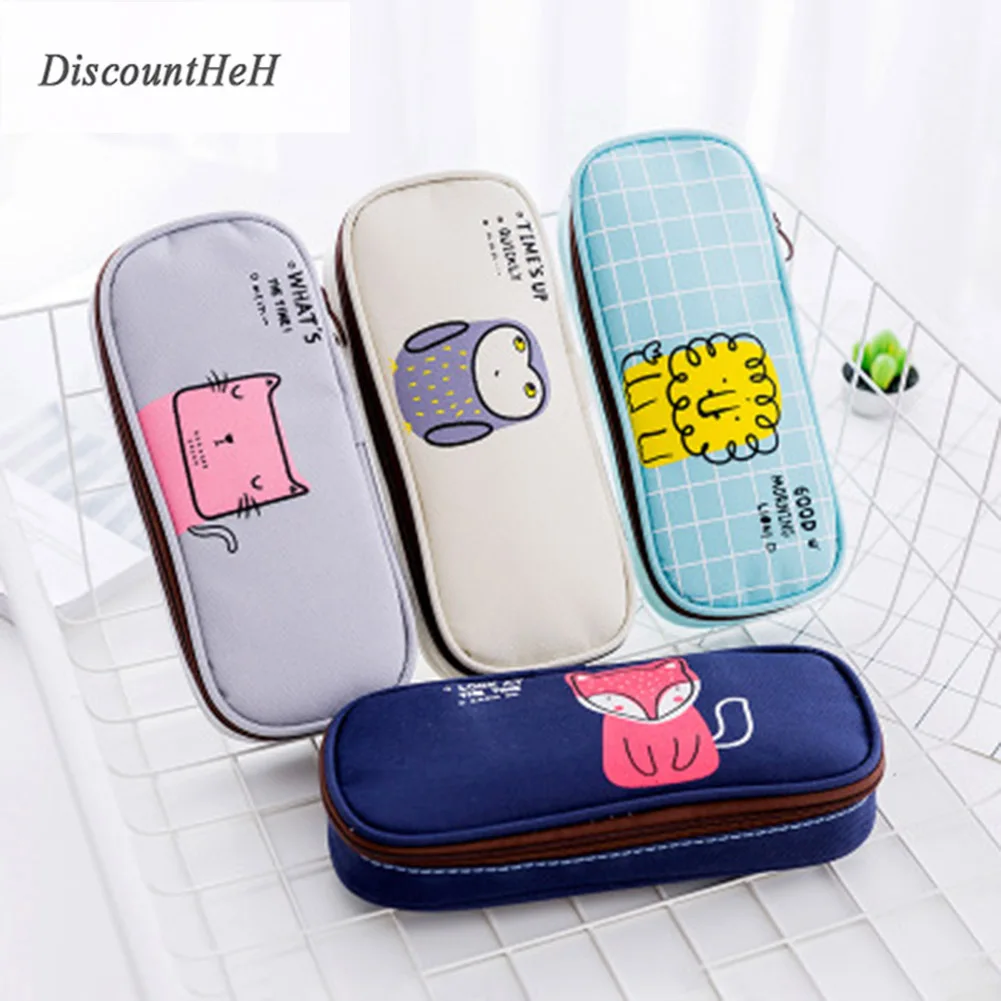 

2017 New Cotton Animal Pattern Canvas Pencil Case School Supplies Lovely Fox Owl Lion Cat Large Capacity Pencil Bag Pencil Box