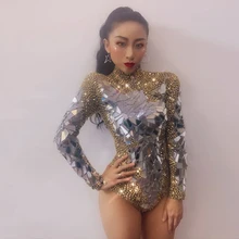 Блестящие Серебряные зеркала Кристаллы платья Для женщин день рождения, празднование женский для пения, танцев костюм одежда пикантные Панорамное боди DJ