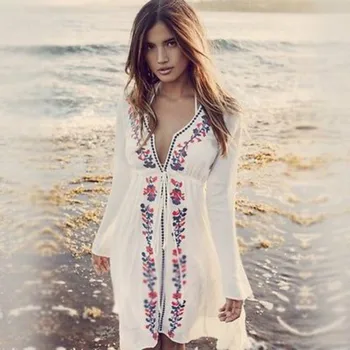 

Embroidery Floral New 2017 Pareo Women Sexy Bathing Suit Bikini Cover Ups Swimwear Beach Dresses