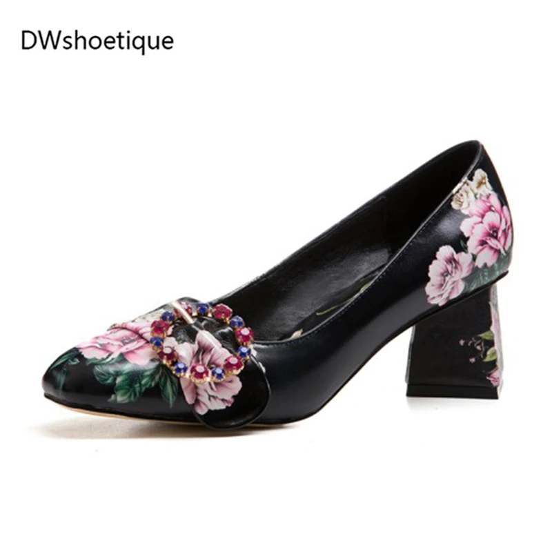Carrés Haute Talons Véritable Black Automne Fleur white Bling En Pompes 6 Femmes Cuir Mode Carré Bout Cristal 2019 Chaussures Cm Printemps qZA6aa