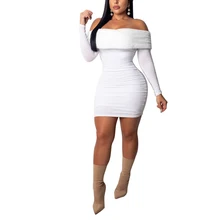 White Black Dress For Women Off The Shoulder Long Sleeve Short Wrap Mini Dresses Autumn Women Sexy Bodycon Dress Vestidos white off the shoulder wrap mini dress
