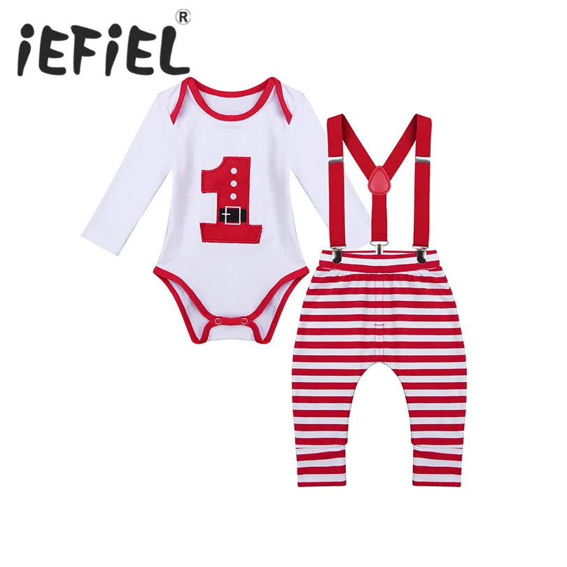 

Infant Baby Boys Girls First Christmas Outfts Xmas Romper with Adjustable Suspenders Striped Pants Set for Birthday Clothes