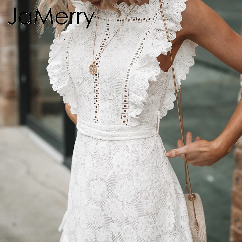 JaMerry, богемное, с вышивкой, белое, кружевное, женское мини платье, с выемками, с поясом, с рюшами, праздничное, летнее, повседневное, сексуальное, Пляжное платье, вести