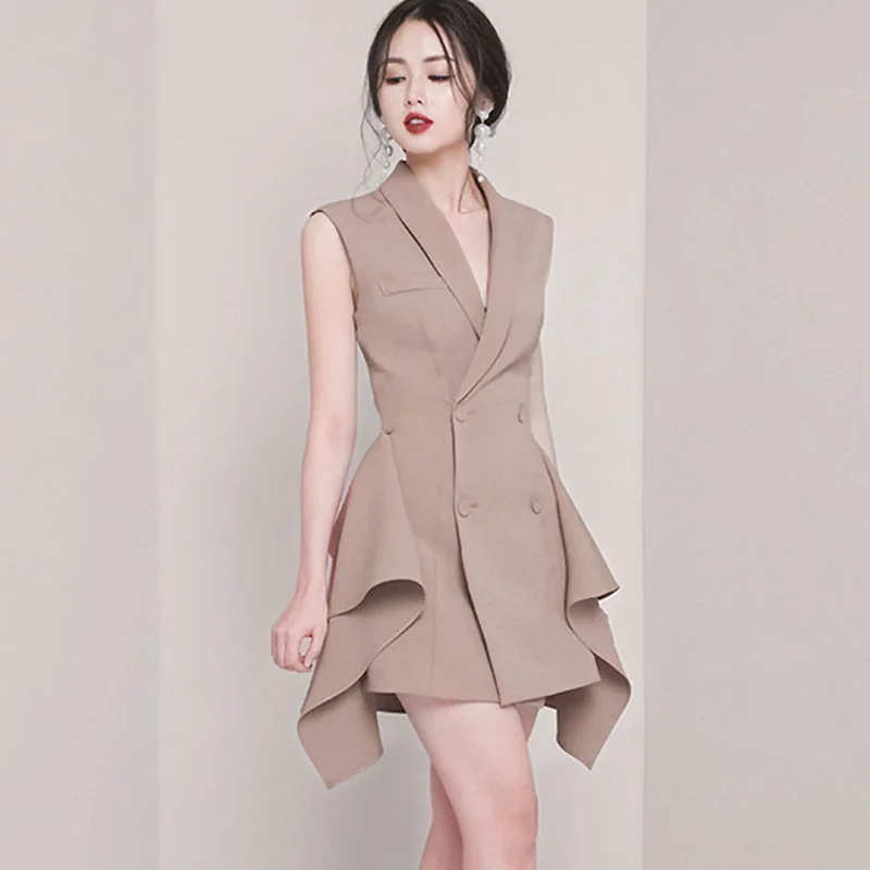 

Elegant Party Bandage Bodycon Asymmetrical Dress Summer Office Lady Dresses Notched Collar Sleeveless Tank Ruffle Women Sundress