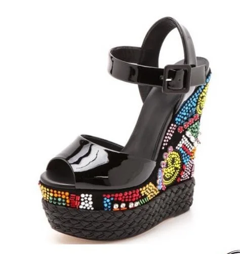 Gullick Brand Black Patent Leather Wedge Sandals Multi-color Crystal Embellished Wedge Sandals Ultra Weave Braid Heel Shoes Women's Shoes