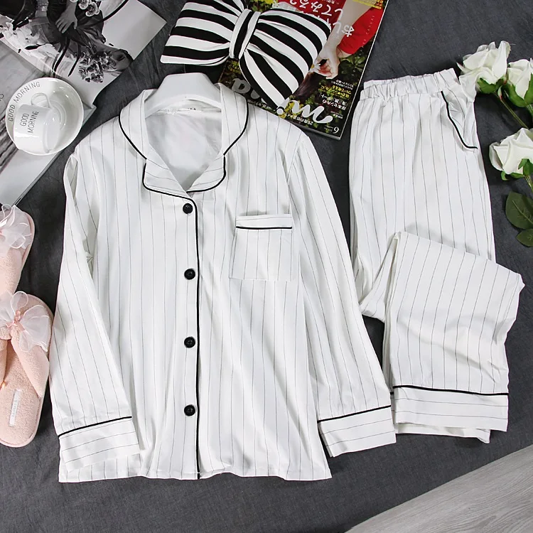 

ZDFURS*White Striped Pajamas Sets Women Casual Cotton Long Sleeve Sleepwear Suit 2 piece Sexy Spring Homewear Lounge pants suits