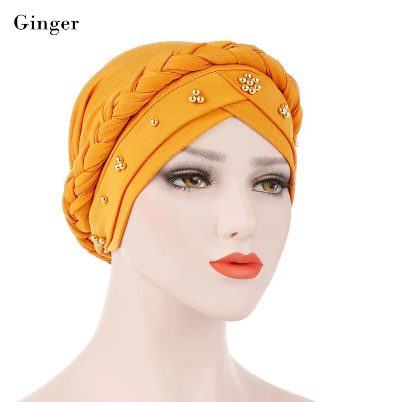 WENYUJH Новинка для хиджаба мусульманских женщин Эластичный Тюрбан шляпа исламский бисер Кепка chemo дамы хиджаб стрейч головной убор обернуть головной платок - Цвет: Ginger