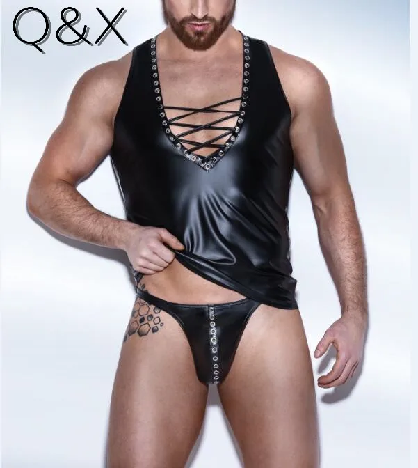 

XX81 Summer Style 2017 Fashion Black Faux Leather Men Sexy Lingerie Fitness Lace Up Front Rivet New Style With T Panties