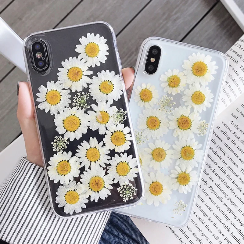 

Clear Phone Case For iPhone X Fashion Real Daisy Flower Cases Lovley Floral Back Cover For iPhone 8 6S 6 7 Plus XR XS MAX Fundas