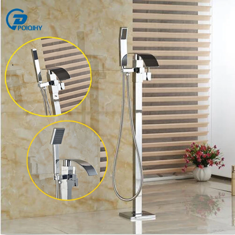 

POIQIHY Chrome finished Free Standing Waterfall Tub Filler Tub Faucet Mixer Tap with Handheld sprayer