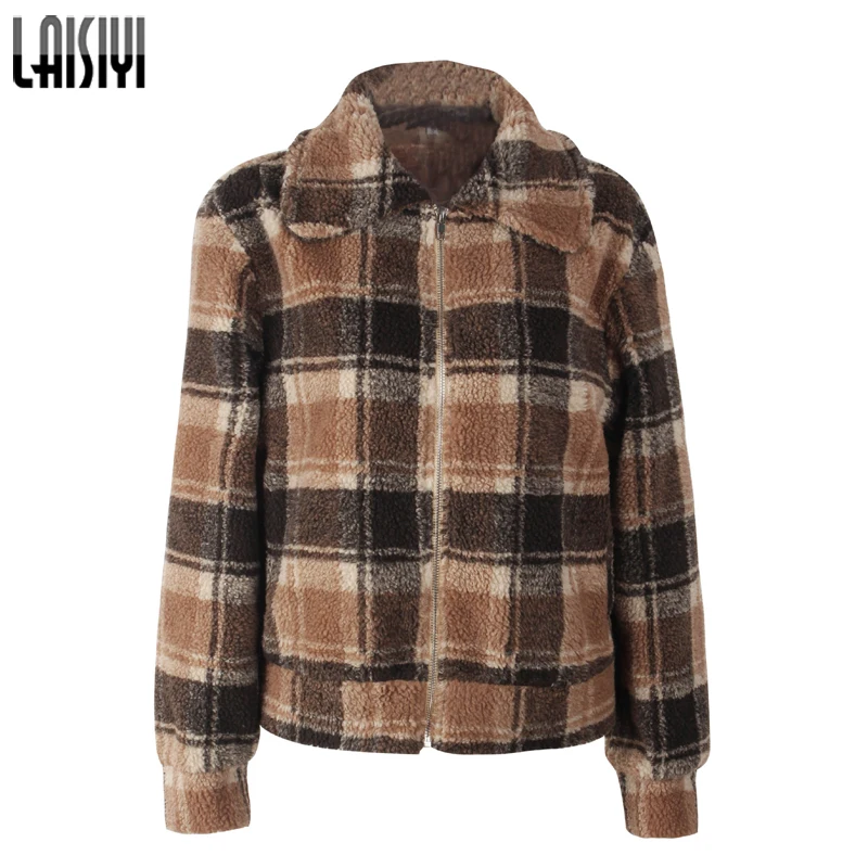 

LAISIYI Winter Plaid Fleece Jacket Women Long Sleeve Ladies Jacket Oversized Outerwear Vintage Coat Clothes Streetwear ASCO20281