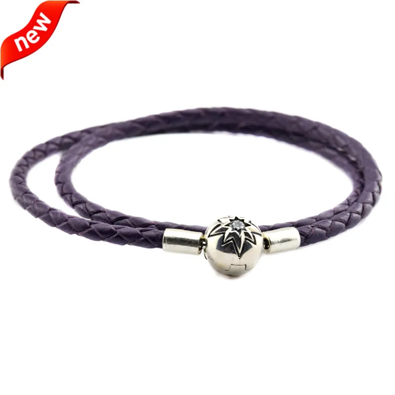 

Dark Purple Leather Bracelets with Starry Sky Clasp 925 Sterling Silver for Women DIY Jewelry Making Fits European Beads Charms