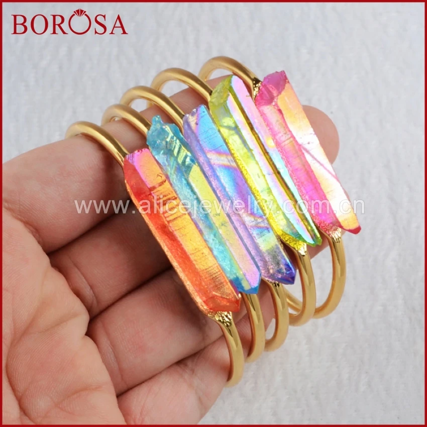 

BOROSA 5pcs Gold Color Rainbow Aura Quartz Crystal Point Drusy Bangles Bracelets Gems Jewelry for Women Girls G0343