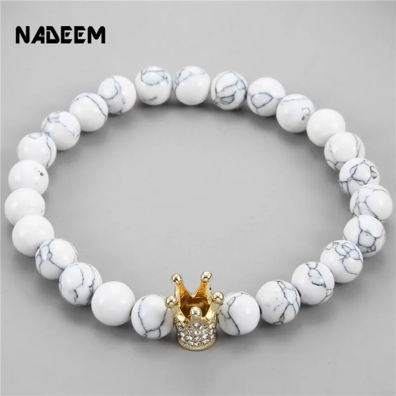 

Newest White Turquoise Stone Bracelet Men 18K Gold Plated Micro Pave Crystal Crown Charm Elstic Bracelets Pulseras Hombre ND2030