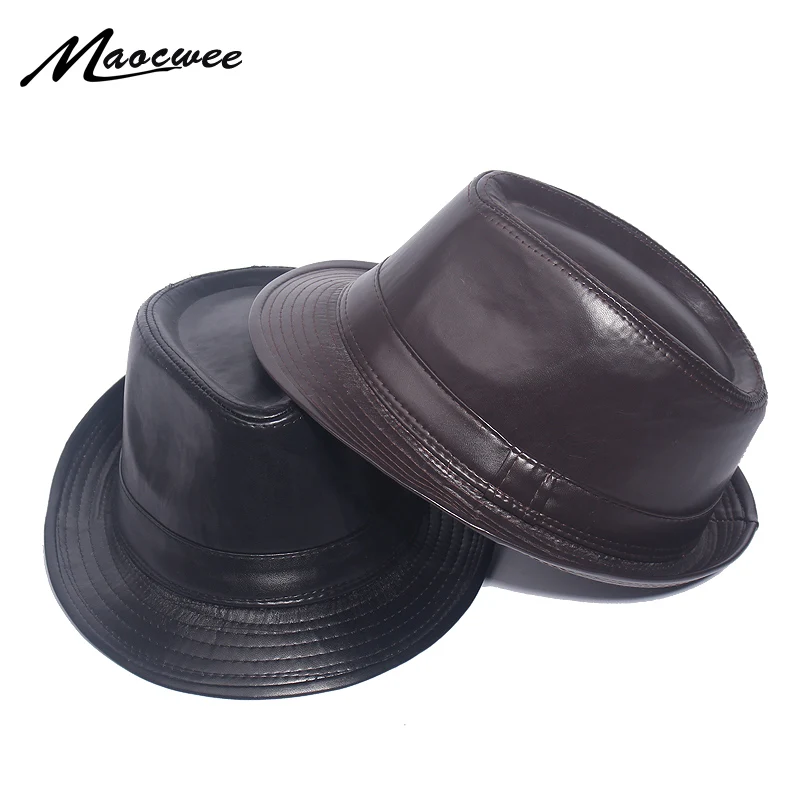 PU Leather Fedora Hats Vintage Jazz Cap Cowboy Gentleman Bowler Short Brim Floppy Trilby Panama Hat Hip Hop Black Cap Men Women 1