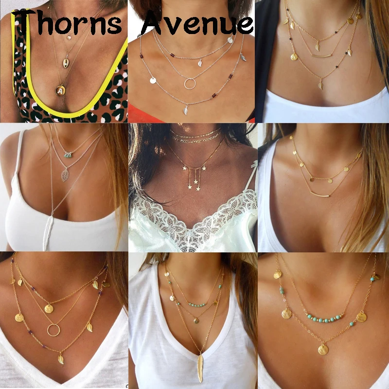 

New Fashion Leaf Star Shell Shape Sliver Gold Color Long Necklaces Chain Choker Bohemian Pendant Necklaces For Women Jewelry