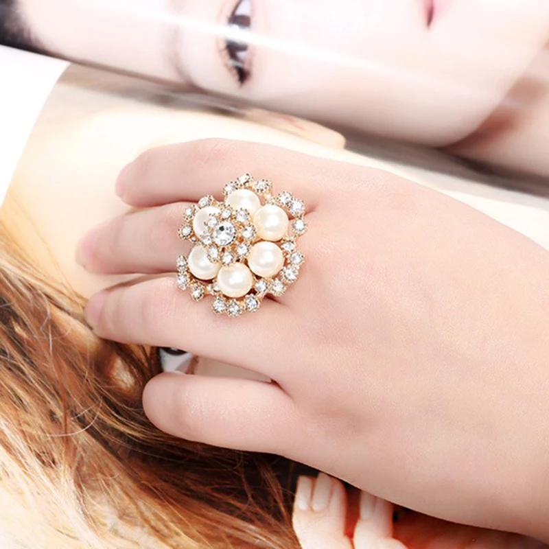 Корейское перламутровое кольцо для женщин, элегантное свадебное кольцо с цирконием и цветком, регулируемое, большие, Преувеличенные, вечерние ювелирные изделия, Женское кольцо