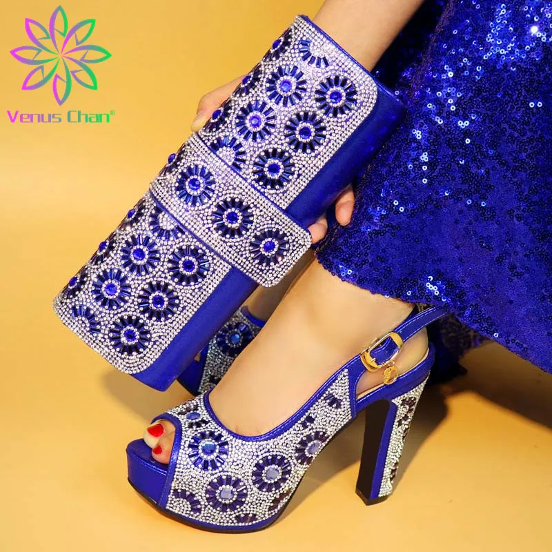 

2019 New Italian Elegant Blue Color Shoes And Bag To Match Set African High Heels Party Shoes And Bag Set For Wedding Dress