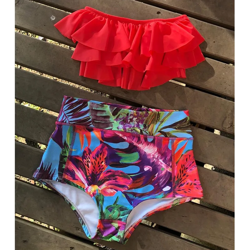 Новинка, сексуальный купальник бикини с высокой талией, женский купальник, пуш-ап бикини, купальный костюм, бикини с оборками, женская летняя пляжная одежда - Цвет: Red
