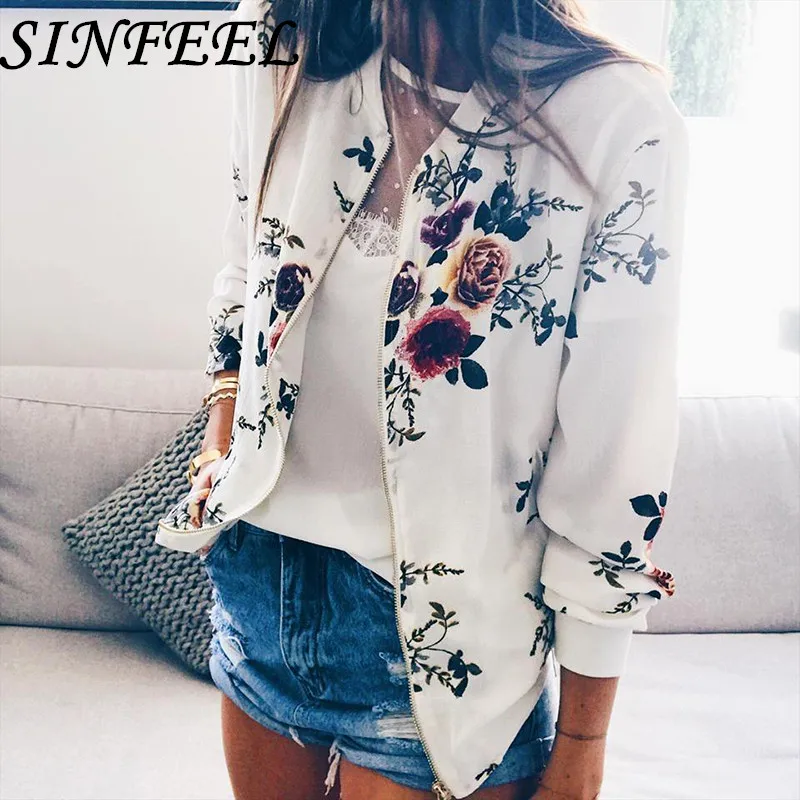 SINFEEL Fashion Women Jacket Brand Tops Flower Print Girl Casual Baseball Outwear Zipper Thin Bomber Long Sleeves Coat Jackets