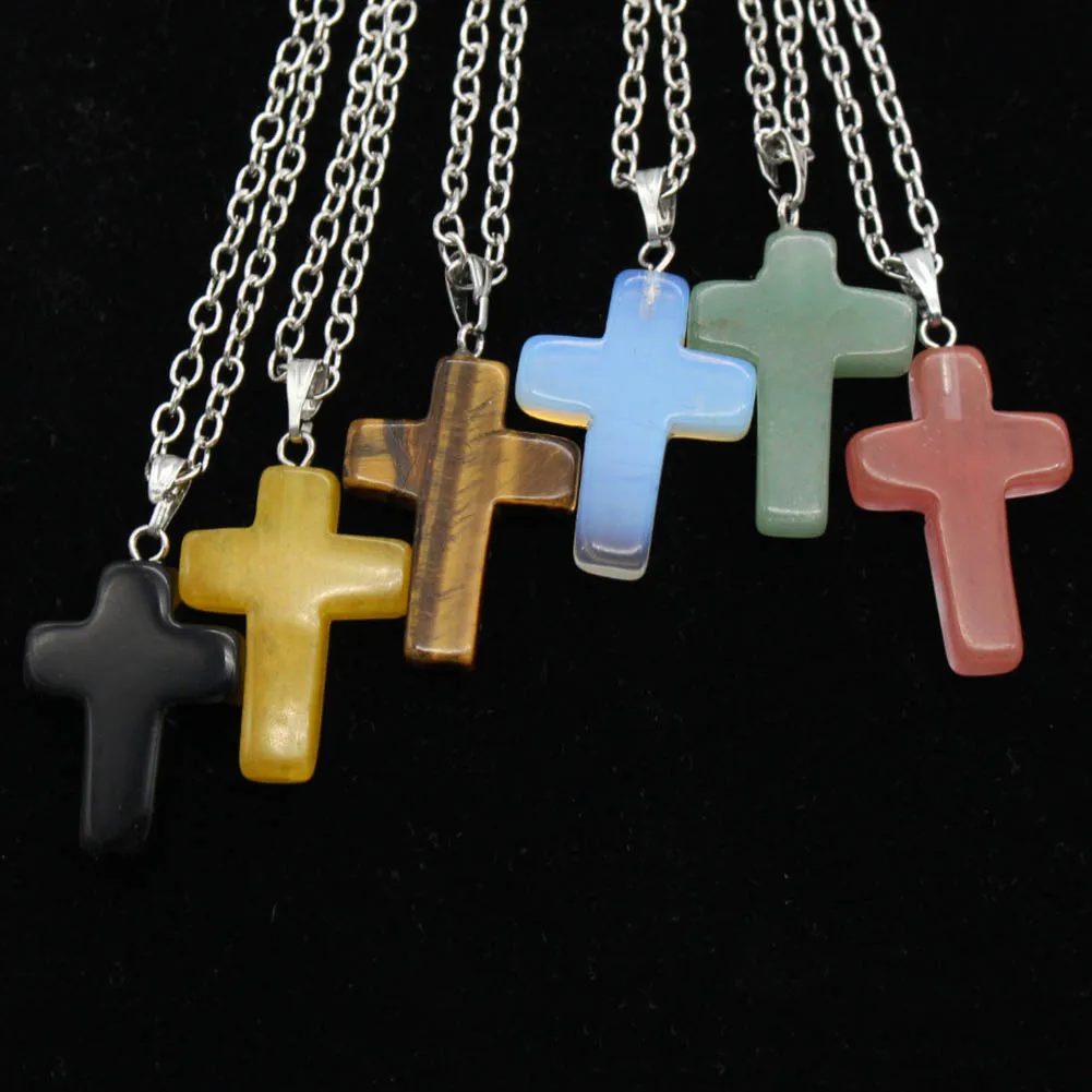 

Cross Pendant Natural Stone Necklace For Women/ Men Vintage Look Antique Alloy Fashion Jewelry