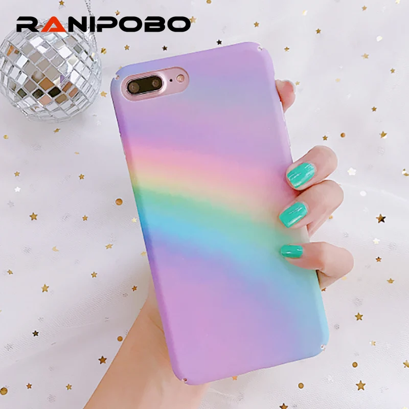 

Cute Rainbow Color Gradient PC Hard Phone Case For iPhone 7 7 Plus 6 6S Plus Colorful Print Case Matte Back Cover Coque Capa