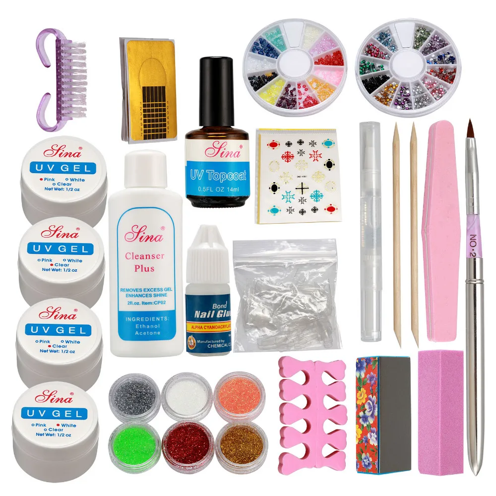

Nail Art DIY Kit UV Gel Clear White Pink False French Tips Glitter Powder Glue
