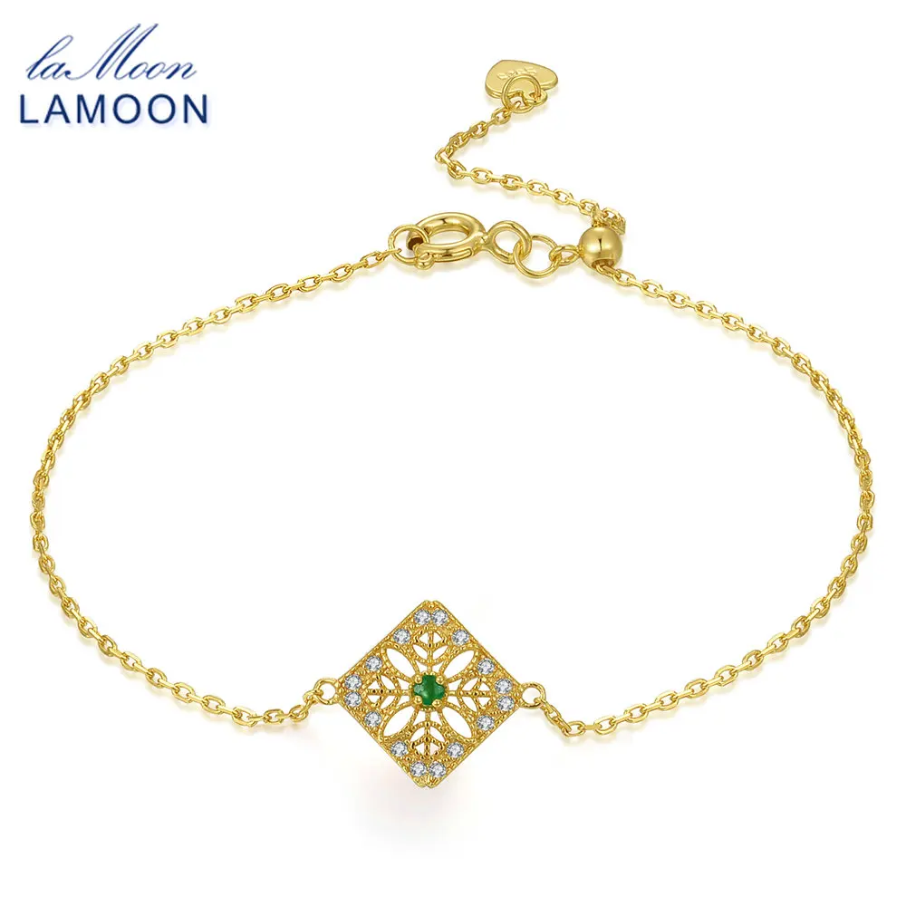 LAMOON 14K Yellow Gold Charm Bracelet For Women 0.06ct 100% Natural Emerald S925 Sterling Silver Fine Jewelry Accessory HI003