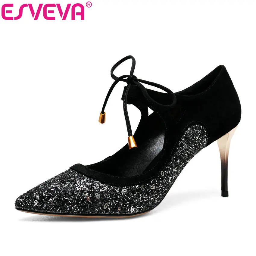 

ESVEVA 2019 Women Pumps Pointed Toe Shoes Thin High Heels Bling Two-piece Sandals Slip on Women Concise Shoes Pumps Size 34-39