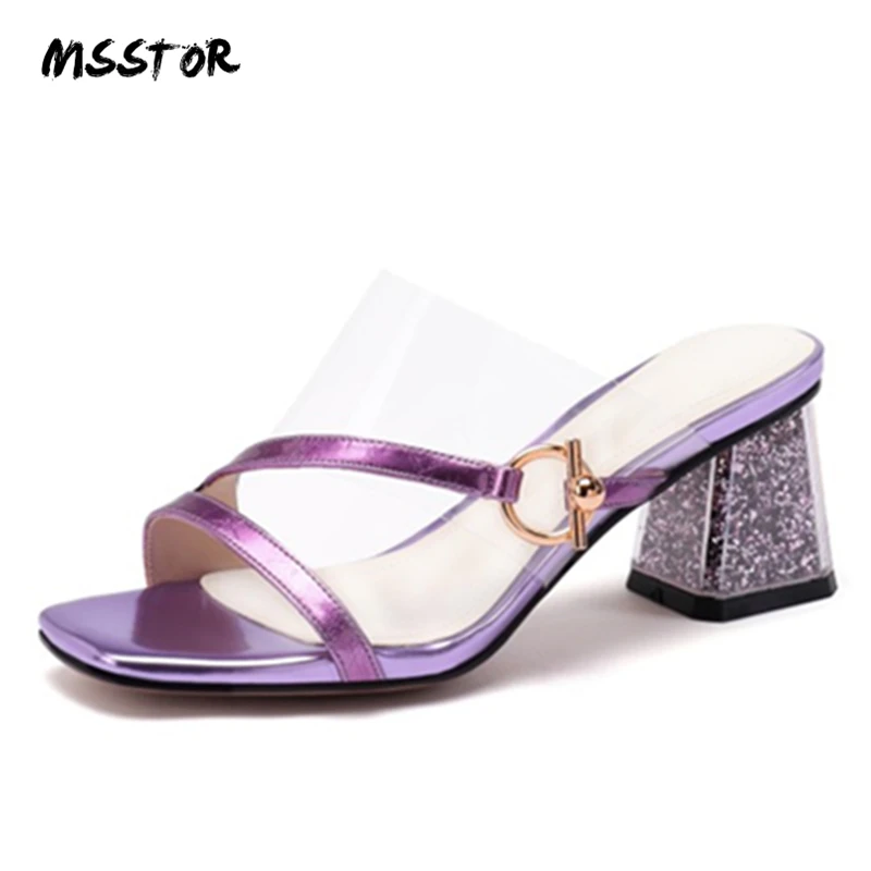 

MSSTOR Transparent Summer Slippers Women Mixed Colors Purple Bling Outdoor Fashion Sexy High Heels Slippers Peep Toe Ladies Shoe