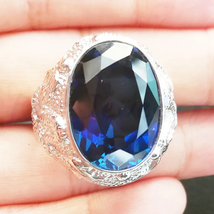 Сапфировое кольцо, мужские кольца,, Стерлинговое Серебро 925 пробы, в стиле дракона, кольца с большим синим камнем, 14 карат, сапфир, хорошее ювелирное изделие