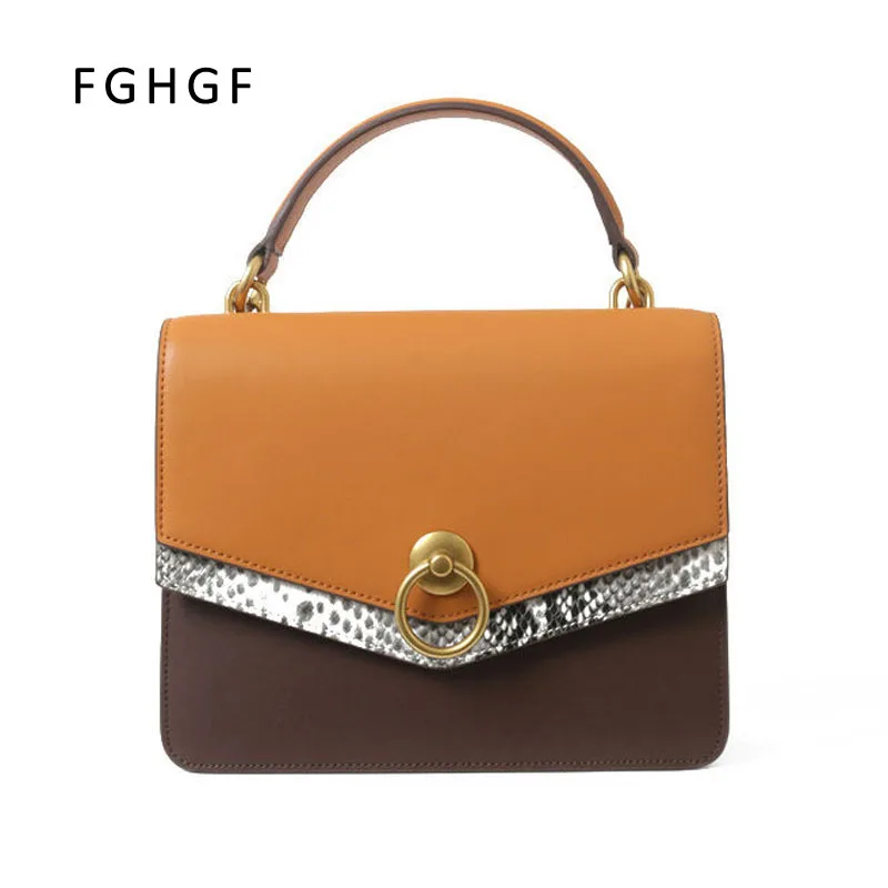 

Genuine Leather Handbag 2019 New Ring Lock Hit Color Shoulder Messenger Bag Small Square Bag