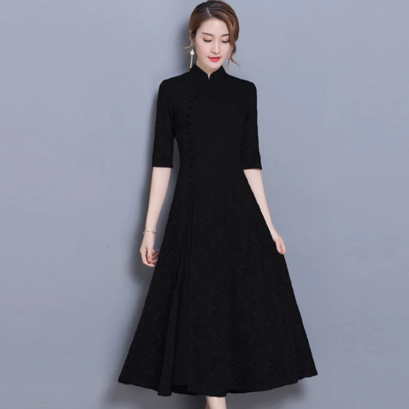 new vintage Lace Long dress women Summer Chinese Style A-Line dress Solid color Half sleeve Ankle-Length dress women