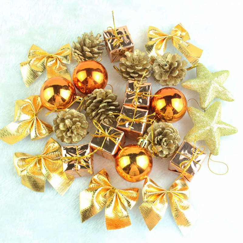 

24PCS Golden Christmas Tree Ball Hanging Ornaments Decorations Party Events Pine Cone Bowknot For Home Deocr Supplies MR0072