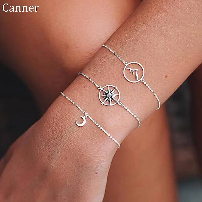 

3Pcs/Set Bohemian Silver Color Mountain Peak Compass Moon Bracelet Set for Women Chains Adjustable Bracelets Bangle