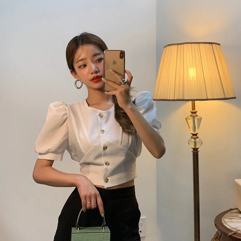 

Elegant High Waist Back Tie Bow Lace-Up Sexy Korean Short Sleeve Crop Top Women Sexy Slim Cropped Blouse Fashion Solid OL Shirt
