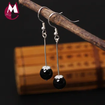 

Real 925 Sterling Silver Earrings Women Natural Obsidian Gem Drop Earrings Original Design Wedding Decorations Fine Jewelry YE68
