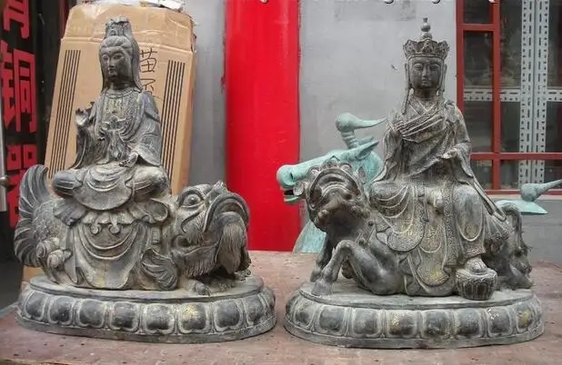 

20" Tibet Buddhism old Bronze manjusri samantabhadra Bodhisattva Buddha Statue