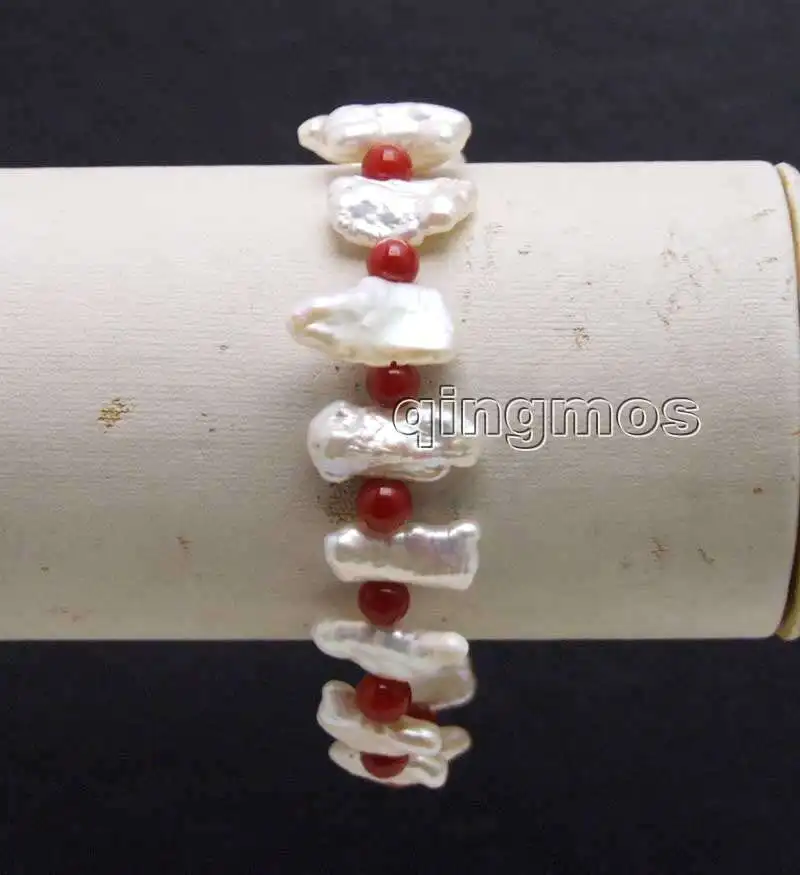 

Qingmos 12-15mm Natural Freshwater Biwa White Pearl Bracelet for Women with 6-7mm Round Red Coral Bracelet 7.5'' bra327