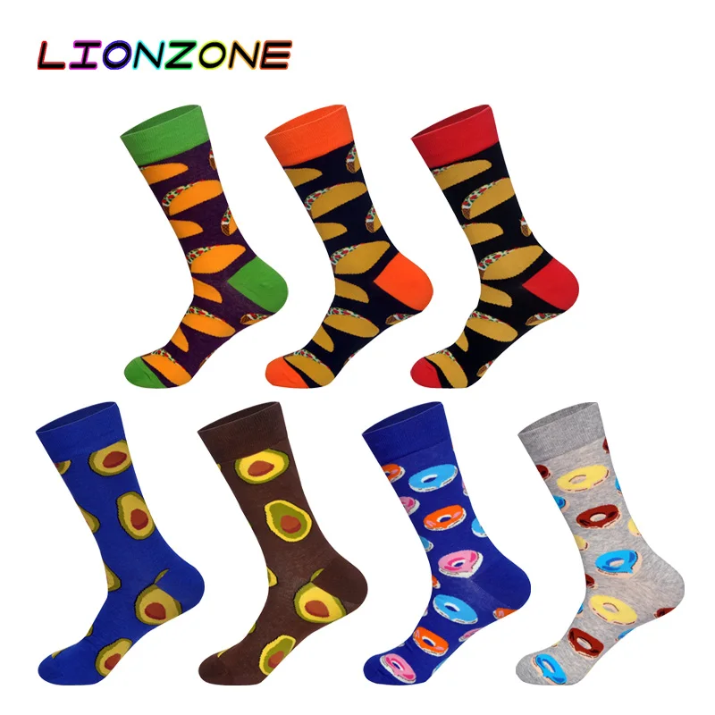 

LIONZONE 7Pairs/Lot Men Happy Socks Delicious Foods Printing Burritos Doughnut Avocado Cotton Classic Casual Long Socks Funny