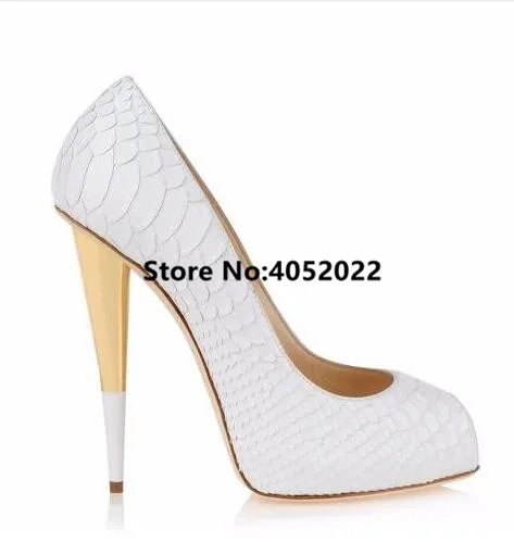 Yue jabon/белые женские туфли-лодочки с острым носком из тисненой кожи; женская обувь на высоком каблуке с золотой молнией; свадебные туфли; модельные туфли - Цвет: picture 3