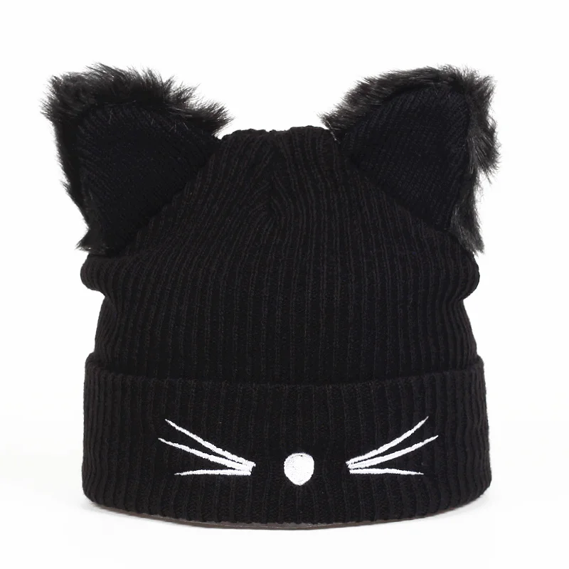 new Women Winter Harajuku Woolen Knitting Beanie Devil Horns Black Cat Ear Crochet Braided Knitted Fur Cap Cute Girls Hat