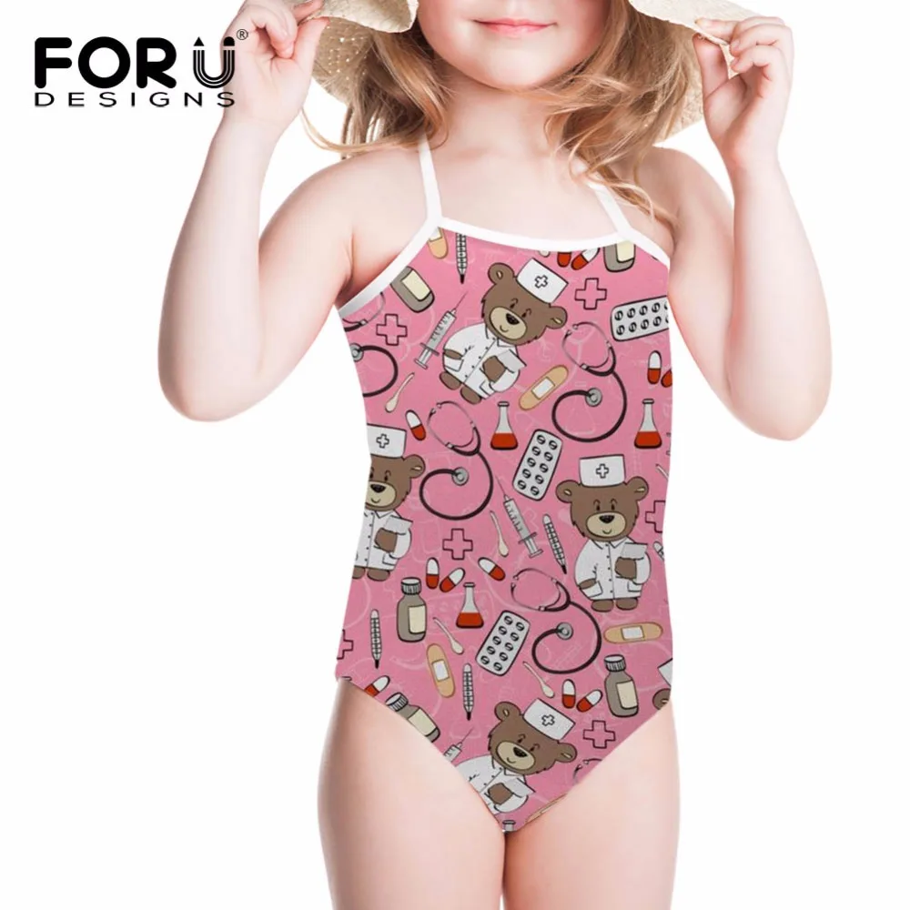 

FORUDESIGNS Swimsuit for Girls One-piece Suits Cute Cats Nurse Printing Children Swimwear Bathing Suit Kids Swimming Suits B