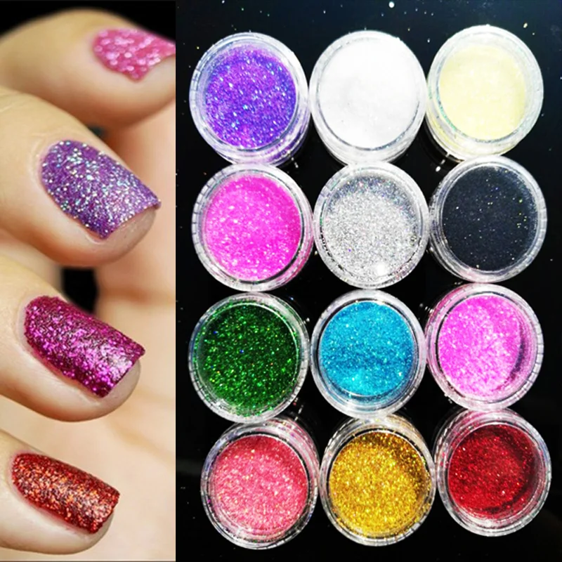 

[fashion] 12jars/lot Assorted Colors Nail Art Fine Glitter Powder Dust UV Gel Polish Acrylic Nail Tips Tools(5g/jar 12jars/set)