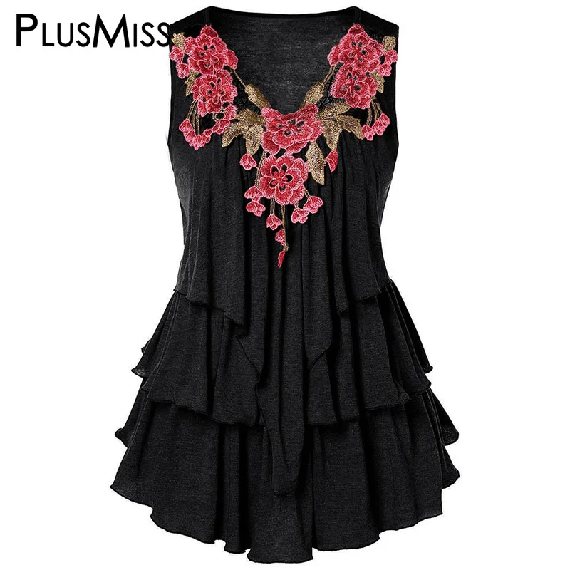 

PlusMiss Plus Size 5XL Floral Embroidered Ruffle Beach Boho Tank Tops Women Big Size Summer Tunic Sleeveless Vest XXXXL XXXL XXL