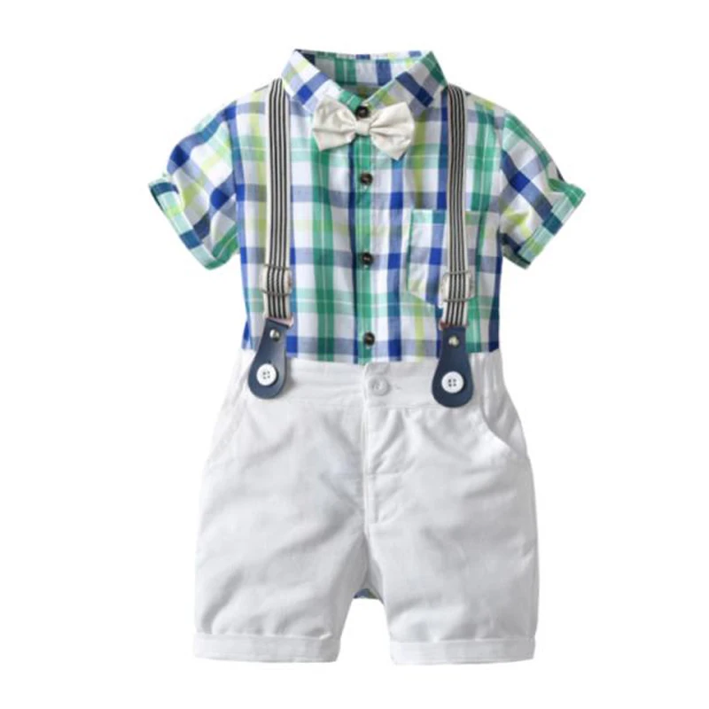

Toddler Baby Boys Summer Gentleman Bowtie Plaid Suit Short Sleeve Shirt + White Overall Shorts Formal Jumper Kids Clothing