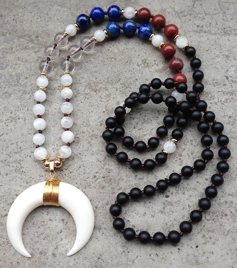 YA2435 Real Cattle Bone Moon Wire Pendant Agates Lapis Beads Knot Handmade Necklace 30inch long | Украшения и аксессуары