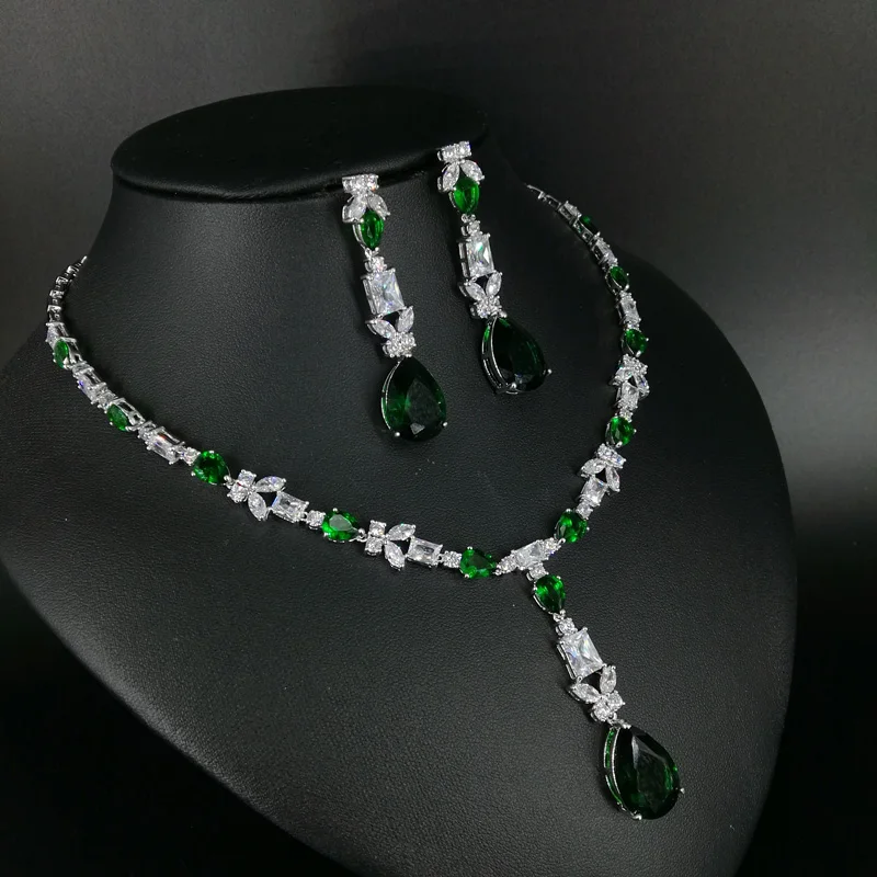 

2019 new fashion popular elegant green water drop necklace earrings jewelry set wedding bride dressing banquet formal jewelry