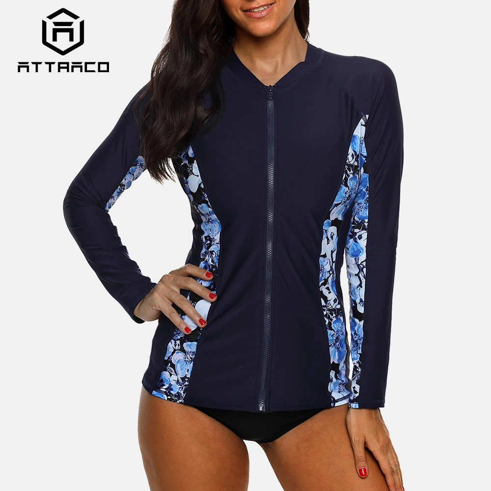 Attraco Women Long Sleeve Zipper Rashguard Swimsuit Floral Print